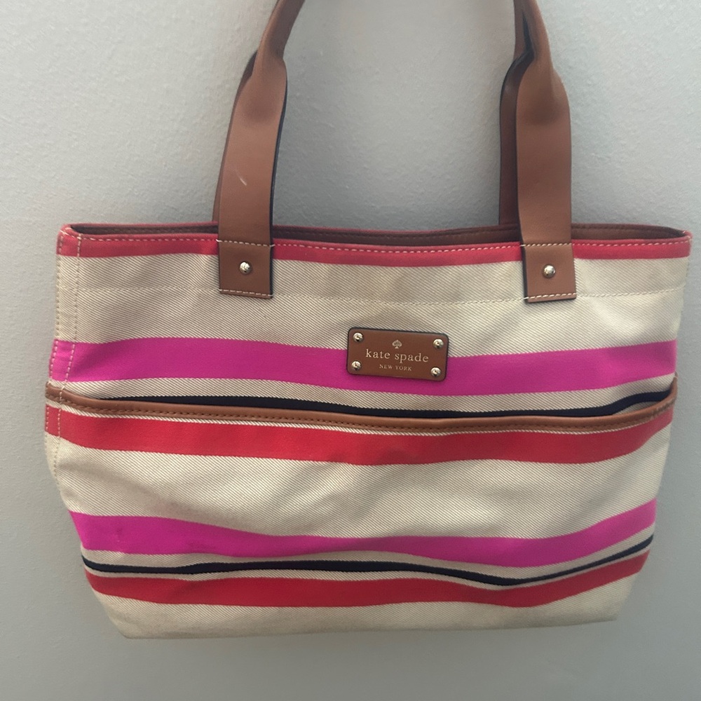 Kate Spade Striped Canvas Tote Bag - Pink, Red, and Tan